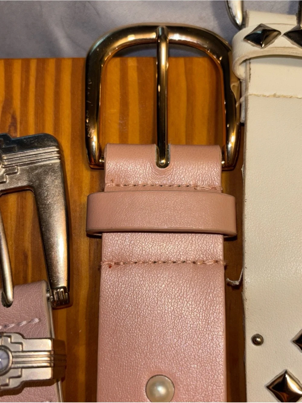 Women's Multicolor Embroidered & Stud Detail Belt Set - Pink, White, Black, Tan